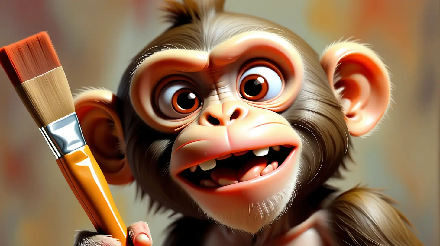 Friendly monkey with neat features holding a paintbrush warm colors 