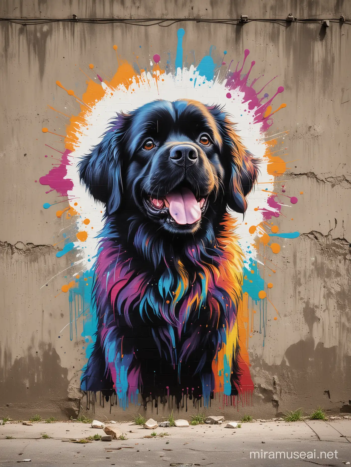 art movement focused on emotional impact through free-flowing shapes and colors, often without depicting real objects,
Create a graffiti of a tiny happy Newfoundland dog on the foreground, colorful graffiti art, on a wall, rustic background, graffiti art style