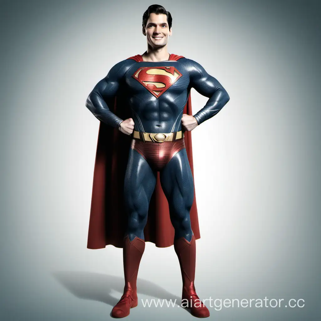 Супермэн улыбается стоит слева уперев руки на поясе