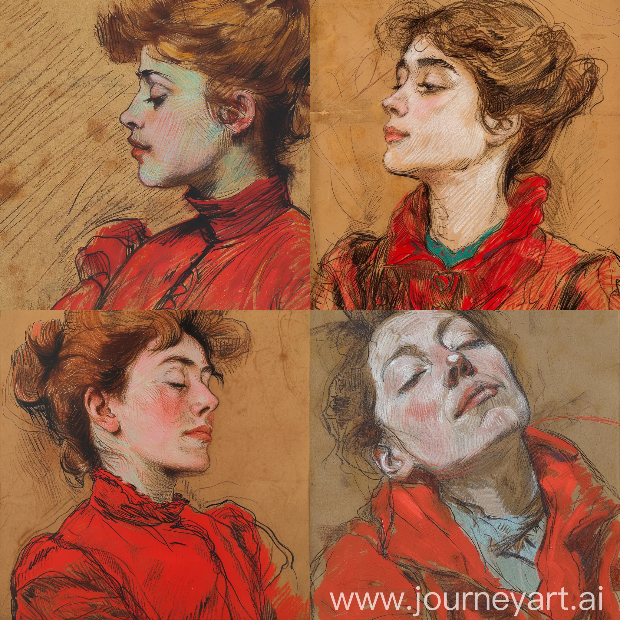 1889's rought coal draft closeup european woman in red on brown background by Toulouse Lautrec