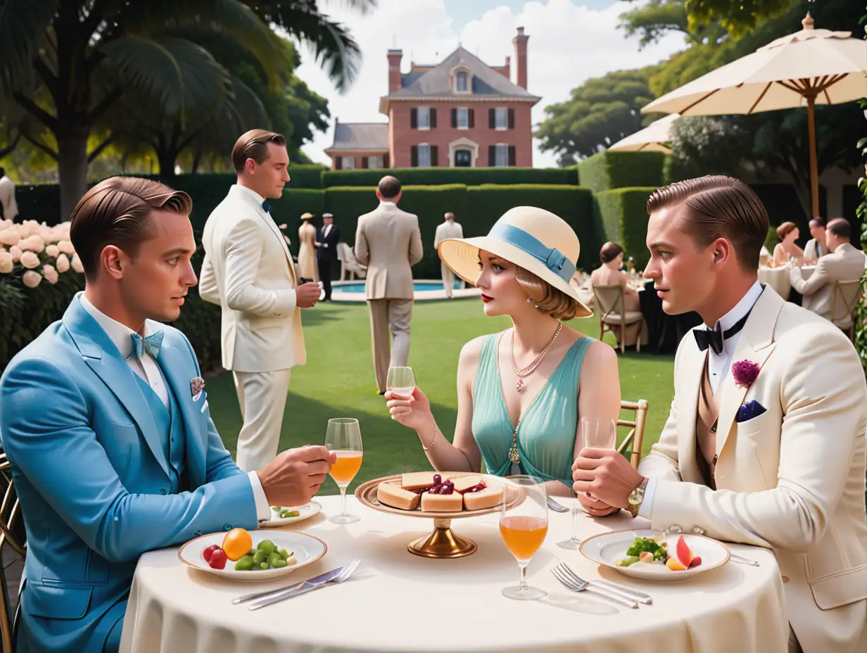 great Gatsby outdoor lunch2 small round table  2  men and 2 women Maison in background