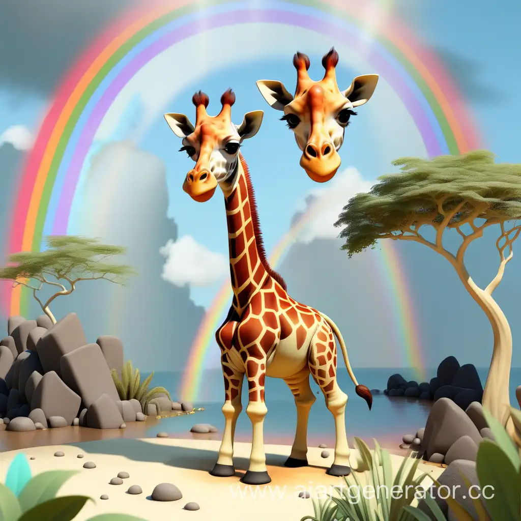 Жираф ест радугу на острове