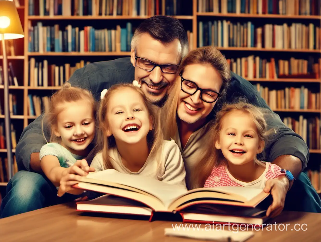 веселая семья читает книги в библиотеке