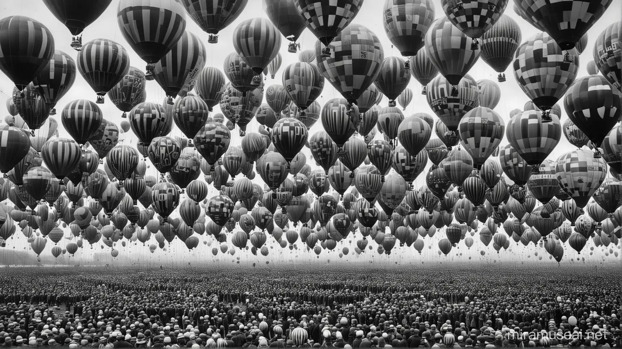 Historic 1910 German Scenery Balloon Army Ascends in Monochrome