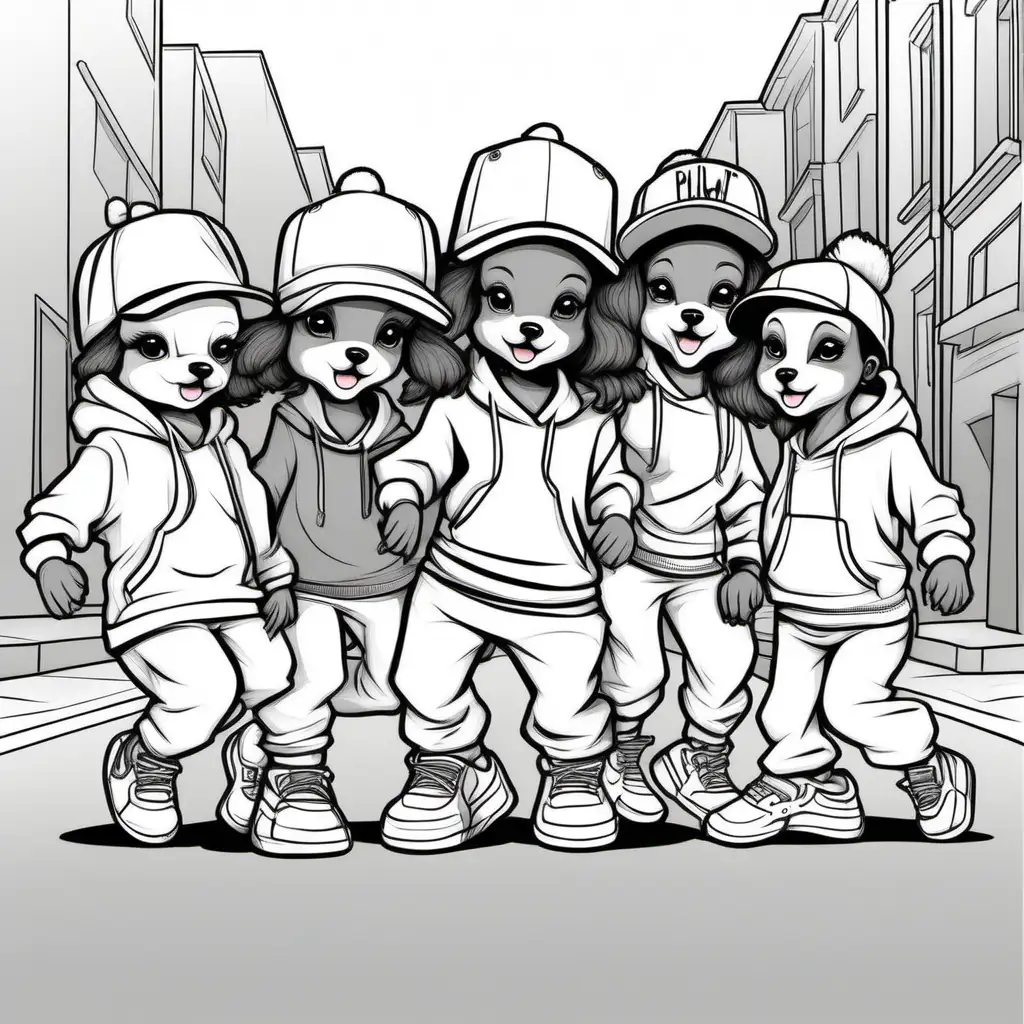 two groups of cute Hip Hop female puppies with hats sneakers break dancing with children in the street, clear lines no shading, coloring pages 
