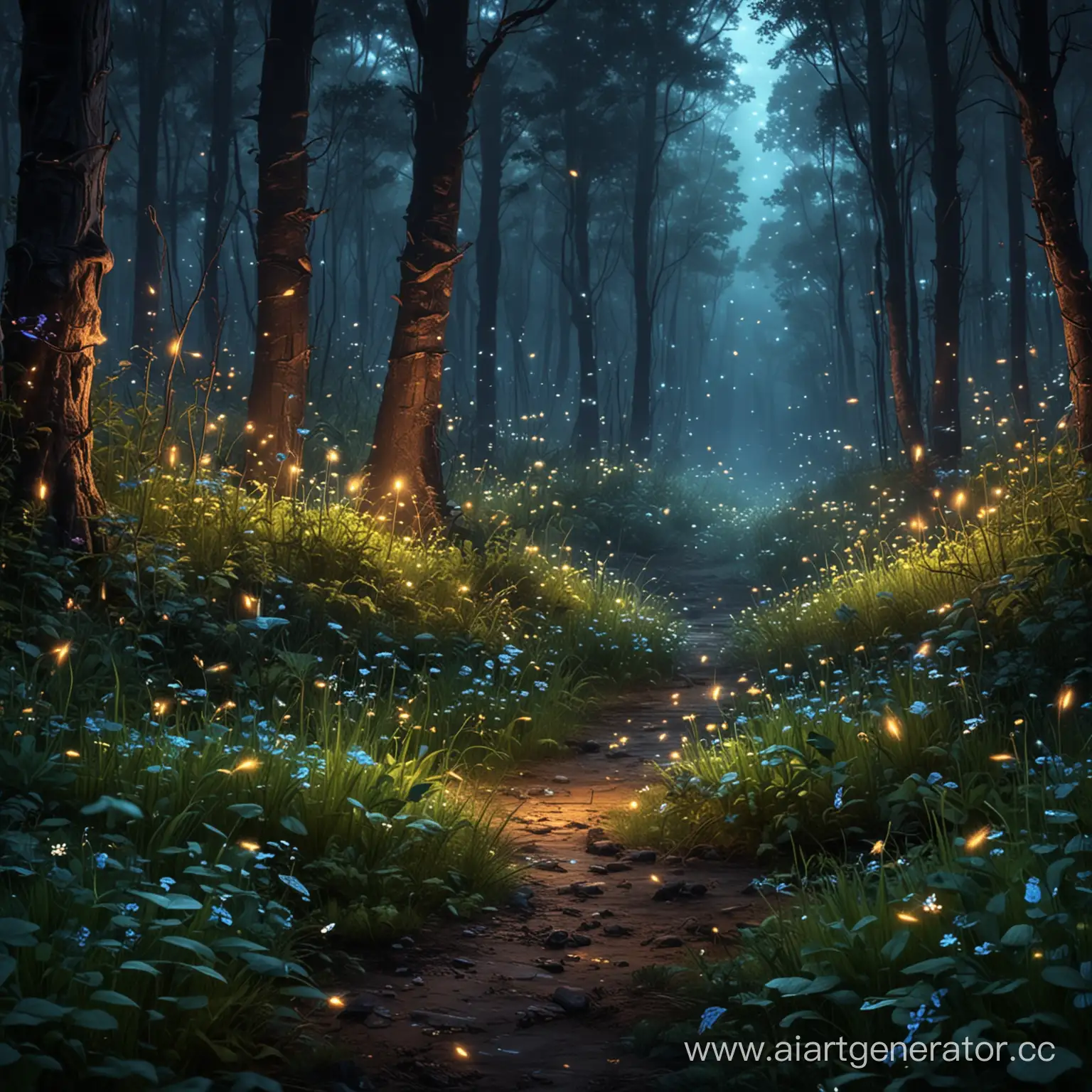 Enchanting-Fireflies-Amidst-Luminaires-in-a-Blossoming-Forest