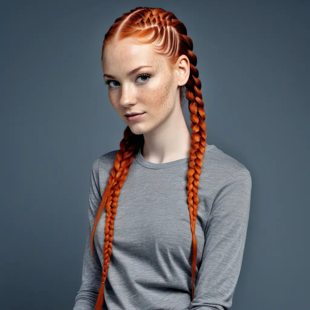 A 28 year old Tall, leggy Caucasian redhead with red long, thin, skinny, straight, flat individual cornrow braids, thick freckles, long oblong-shaped female head, skinny build, orange long sleeve t-shirt, skinny jeans, front view only, well-detailed