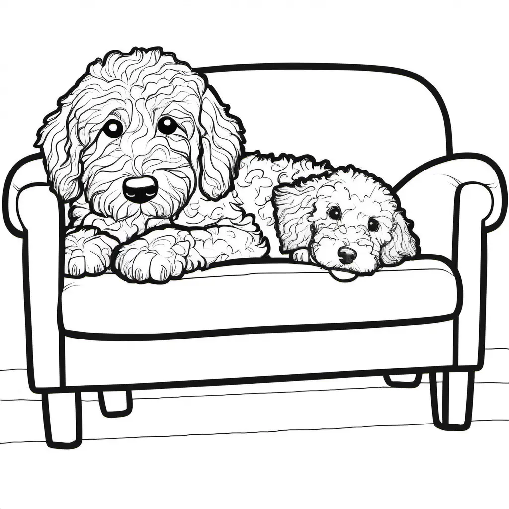 bernedoodle and black mini goldendoodle snuggling on a couch, Coloring Page, black and white, line art, white background, Simplicity, Ample White Space. The background of the coloring page is plain white to make it easy for young children to color within the lines. The outlines of all the subjects are easy to distinguish, making it simple for kids to color without too much difficulty
