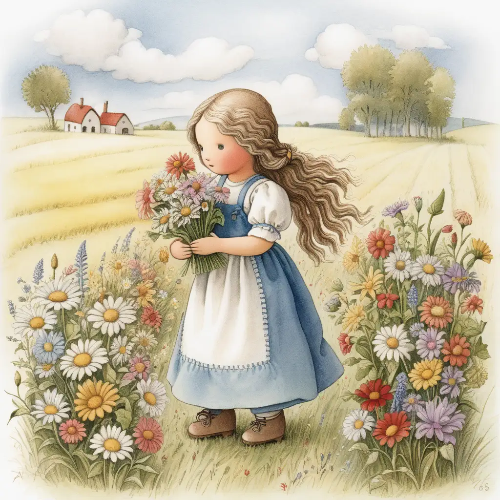 Colorful Waldorf Doll Gathering Flowers in a Field