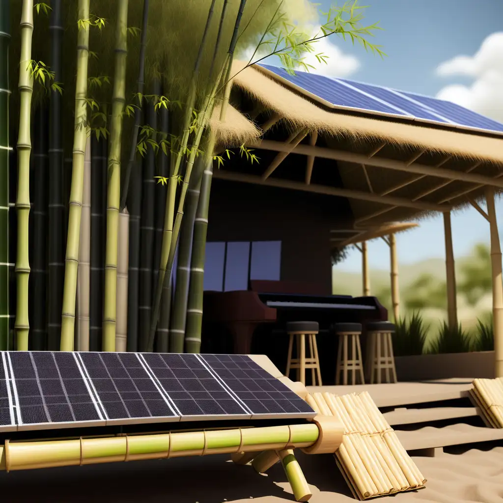 Vibrant Live Music Performance Amidst Solar Panels and Bamboo