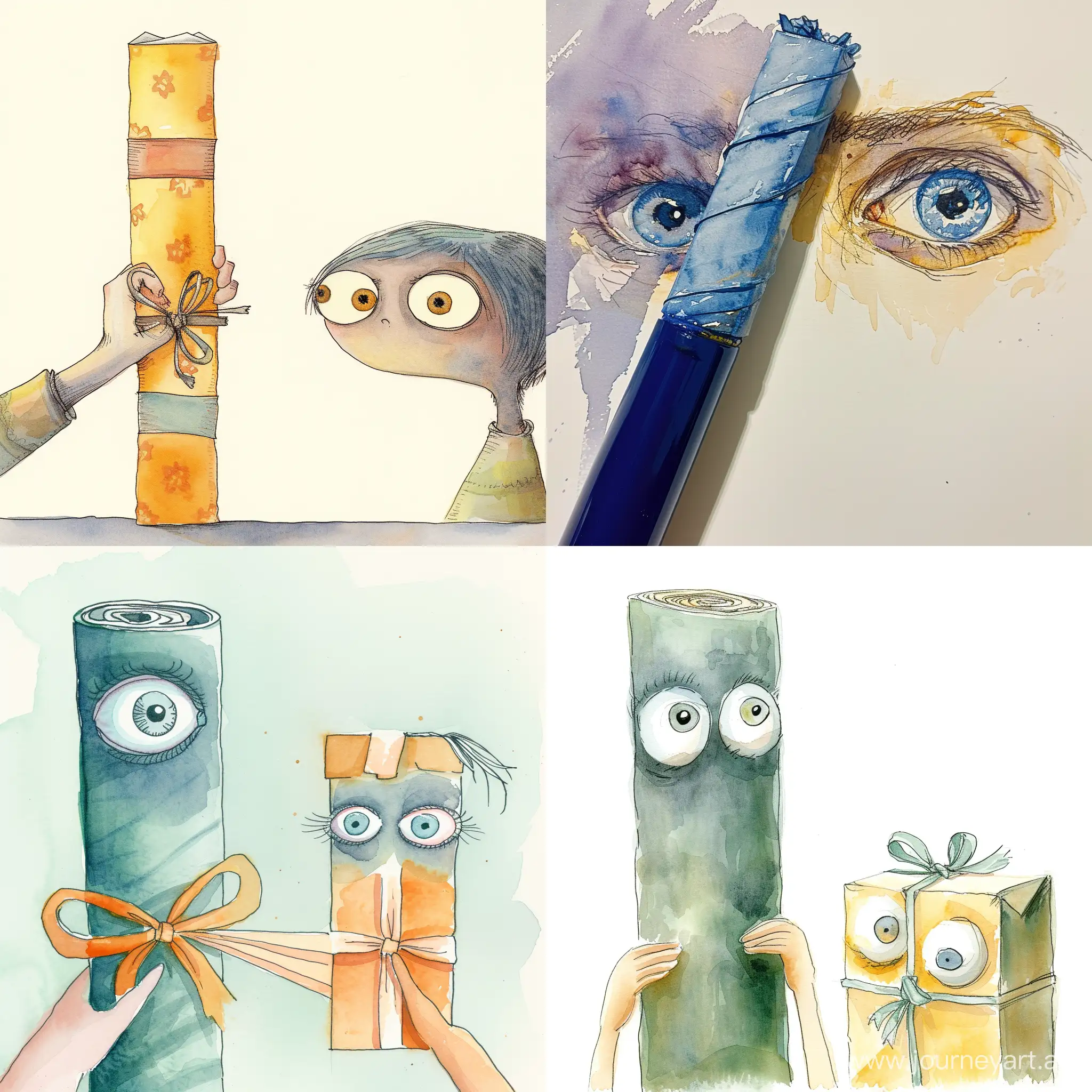 Watercolor tube has eyes looking at someone wrapping a package