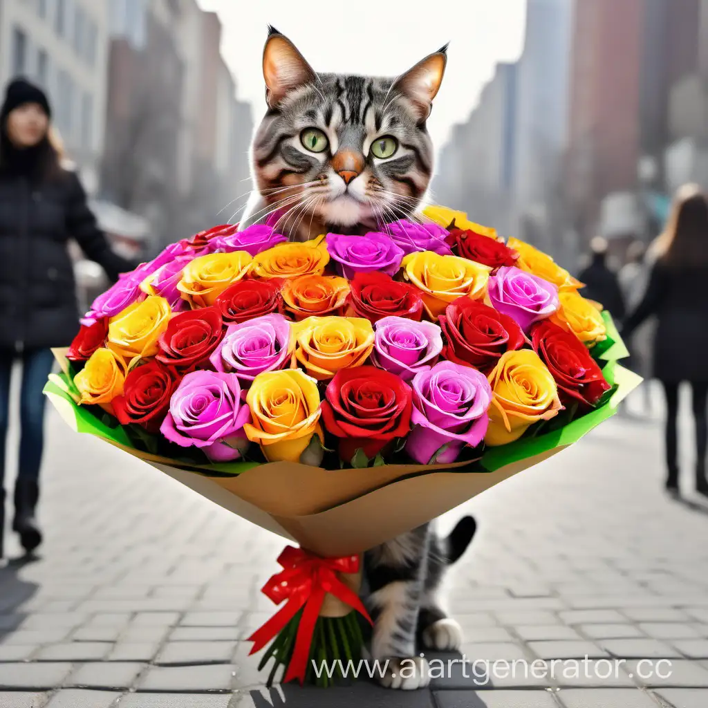 Нарисуй кота, с большим букетом разноцветных роз, идущего по городу,поздравляющего всех с 8 марта. 