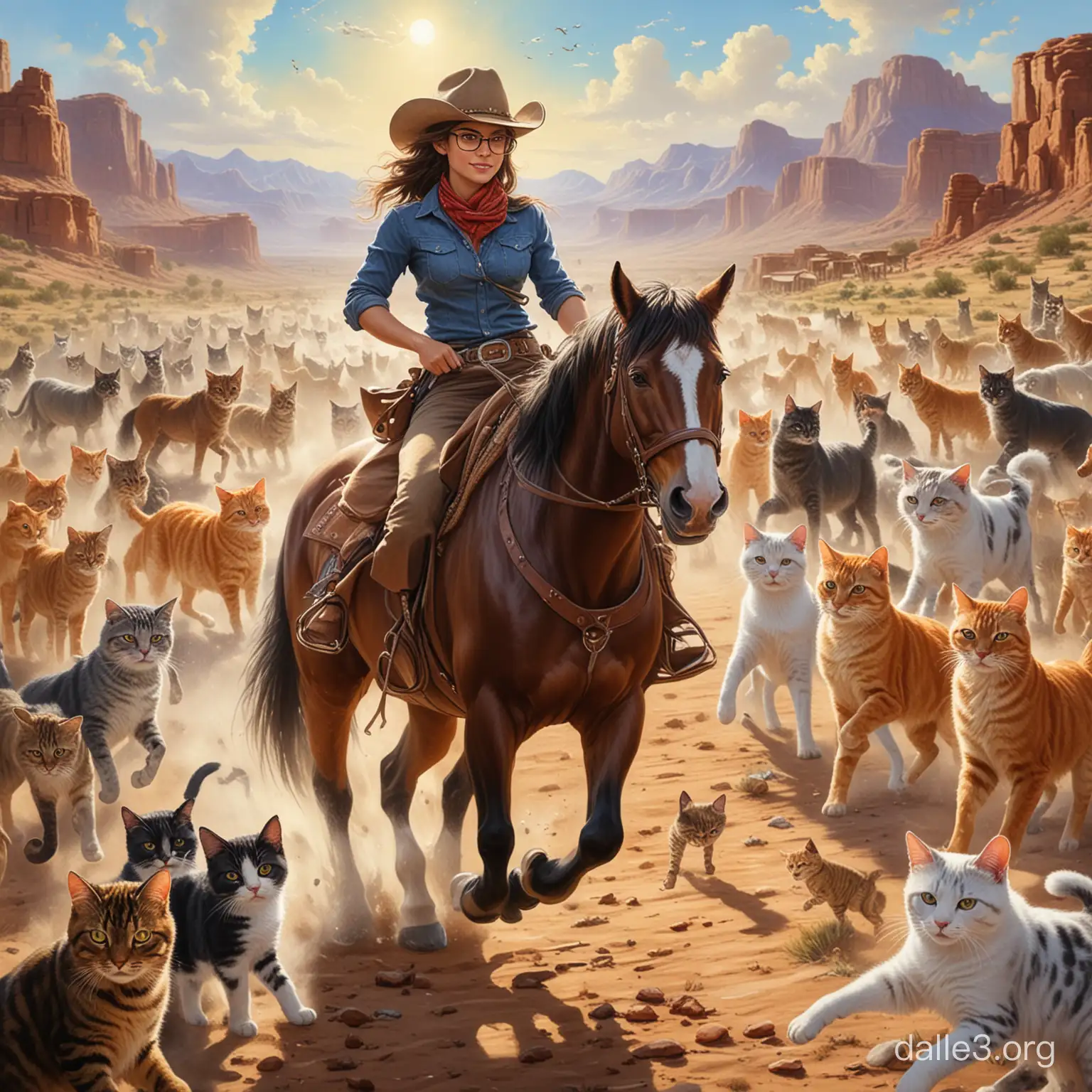 Cowgirl Riding Horse Herding Cats in Glasses Oil Painting Style | Dalle3 AI