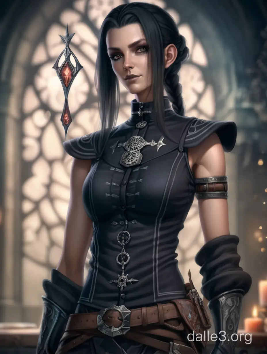 low-fantasy portrait of a female character with the following attributes: - Profession: necromancer - Age: 40 years - Clothes: high-necked buttoned-up fantasy top, tight, sleeveless, armstraps - Background: fantasy setting fitting her profession, bokeh