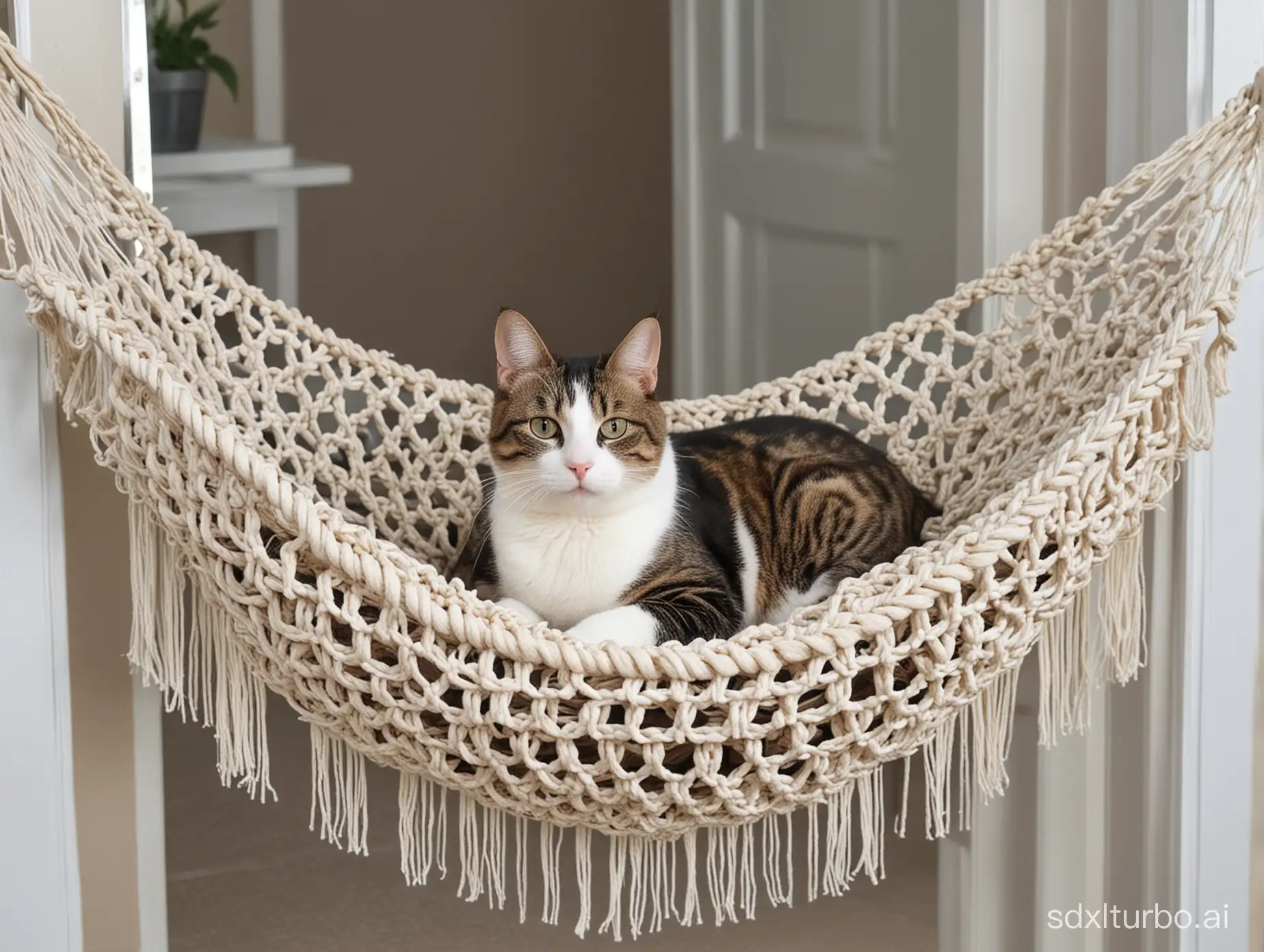 Cat chilling on macrame cat hammock front door bird