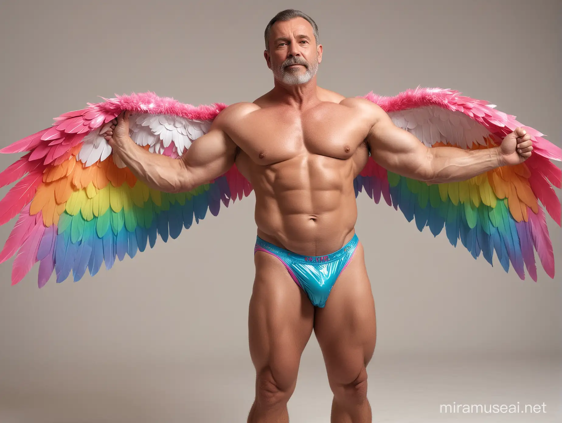 Studio Light Topless 40s Ultra Chunky Bodybuilder Daddy Wearing Multi-Highlighter Bright Rainbow Colored See Through huge Eagle Wings Shoulder Jacket short shorts and Flexing Big Strong Arm with Doraemon