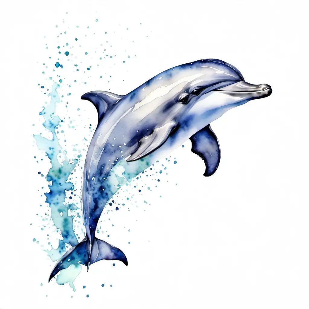 Bottle nose dolphin watercolour painting artwork beautiful magical enchantment welcoming friendly white background minimal simple 