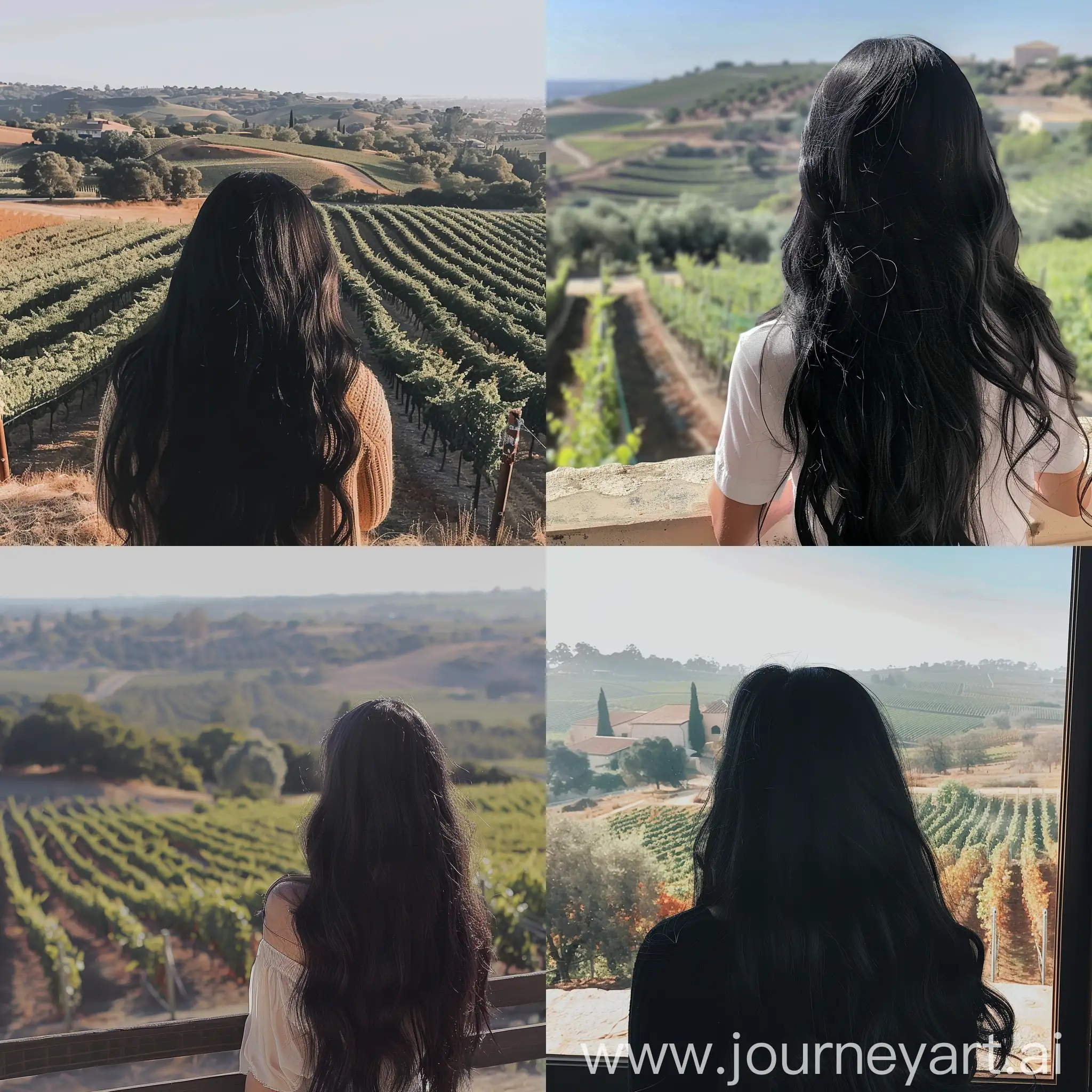 Aesthetic instagram picture real person, girl with long black hair looking out at a vineyard