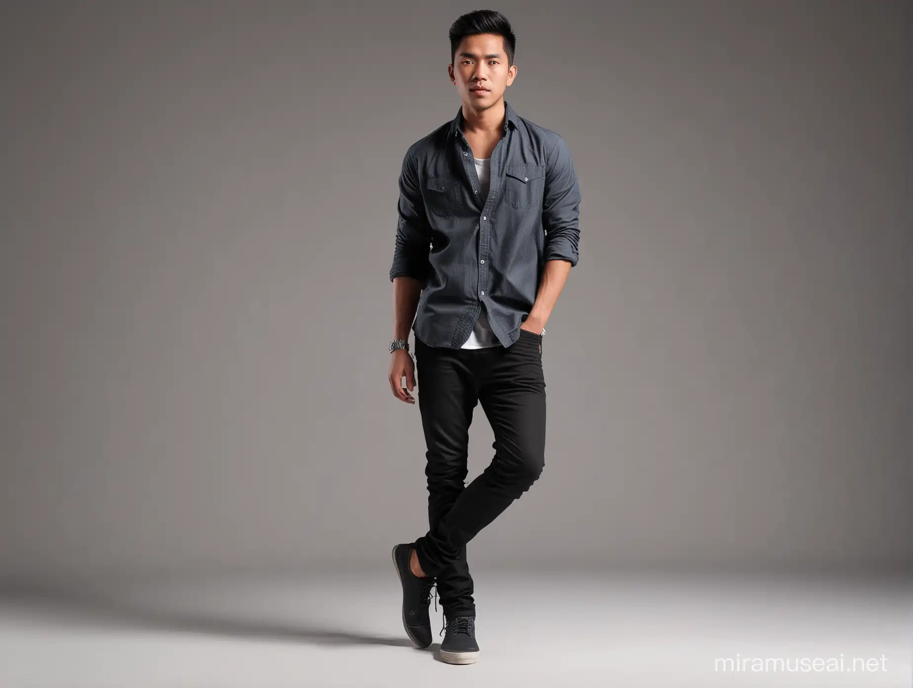 full body male, realistic in plain studio background, fashion photo, body tilted to the left, Indonesian faces