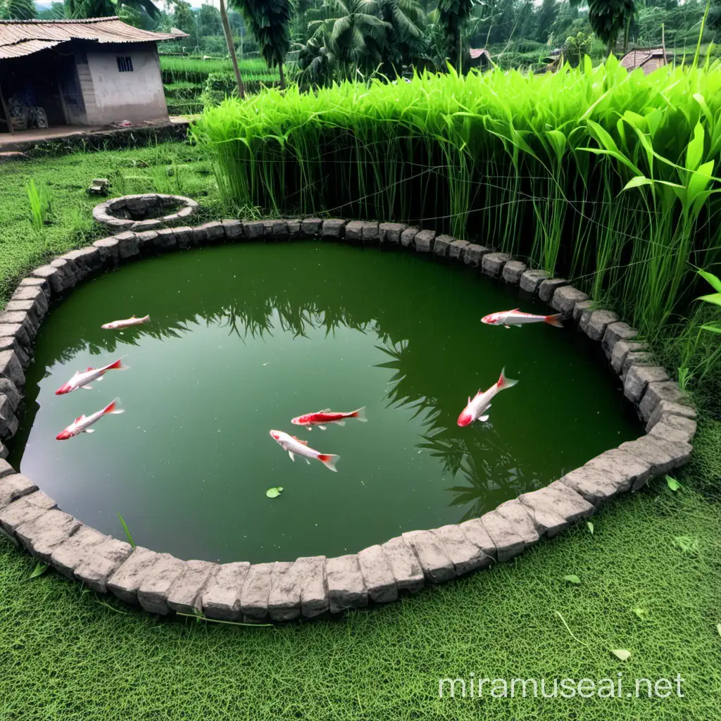 un estanque, ubicado en un pueblo, con peces
