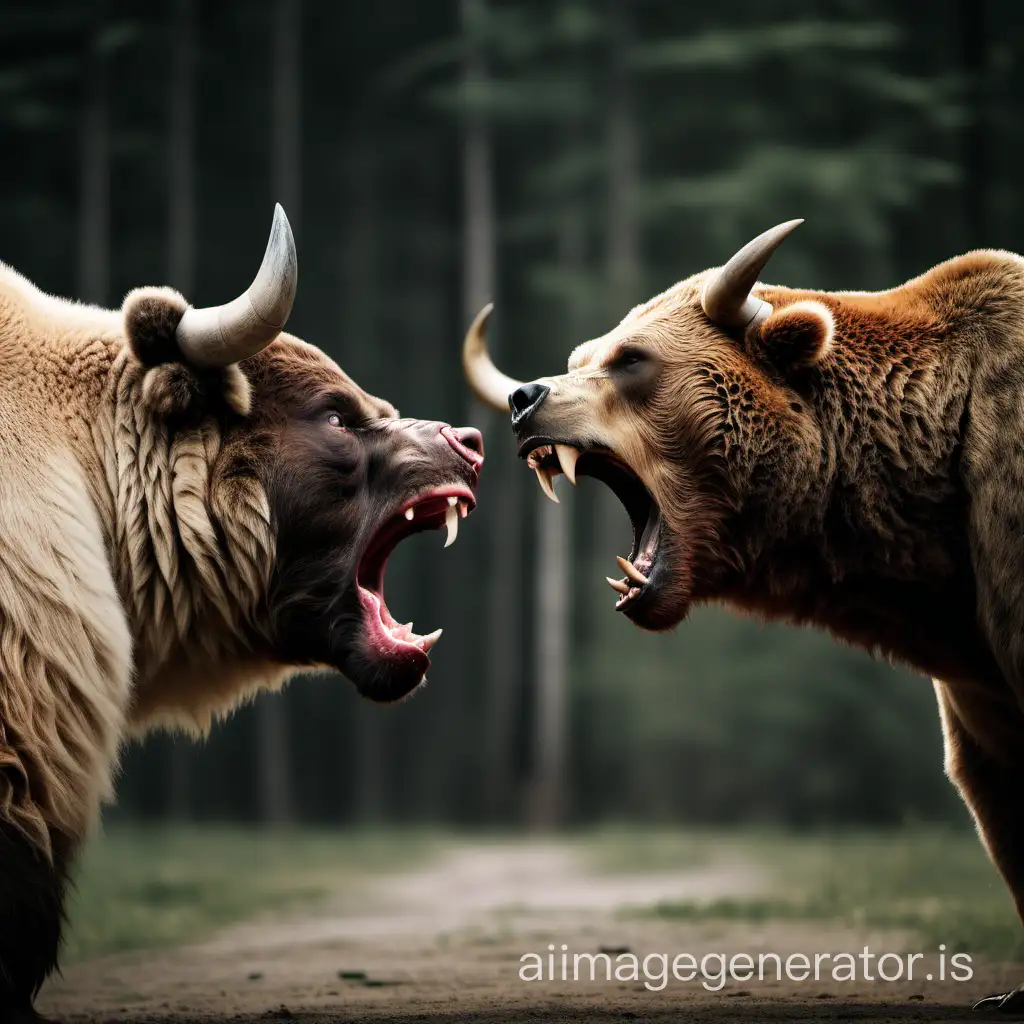 A photograph of an angry bull and and angry bear, facing off against each other