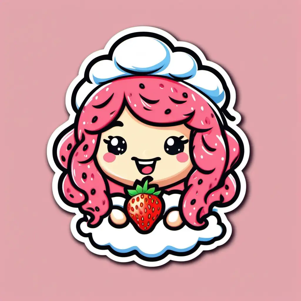 Sticker, Laughing KAWAII strawberry shortcake with Whipped Cream Hair, food illustration, mixed 
styles, contour, vector, white background