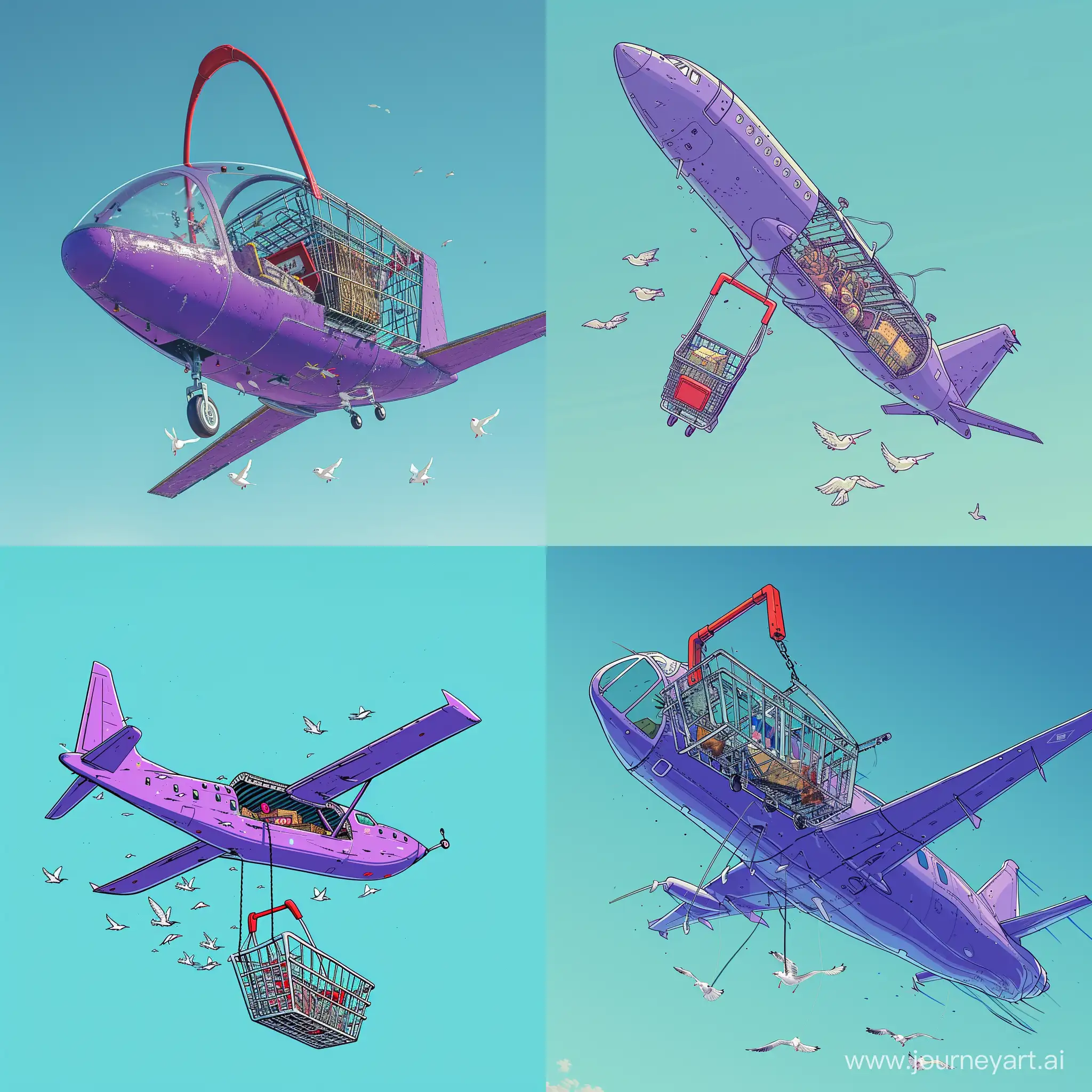Vibrant-Purple-Airplane-Banner-with-Hanging-Shopping-Basket-and-Playful-Birds