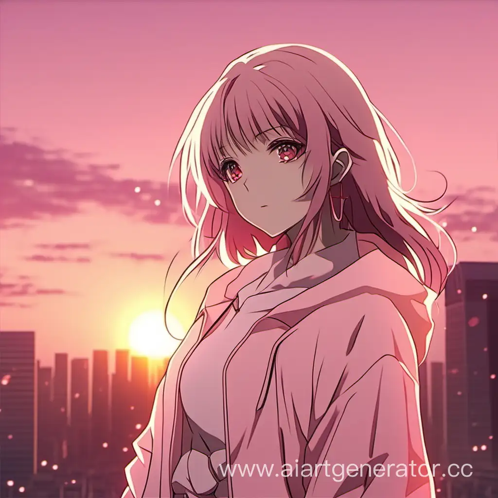 Красивая аниме девушка стоит на фоне заката в нежно-розовом цвете для аватарки
