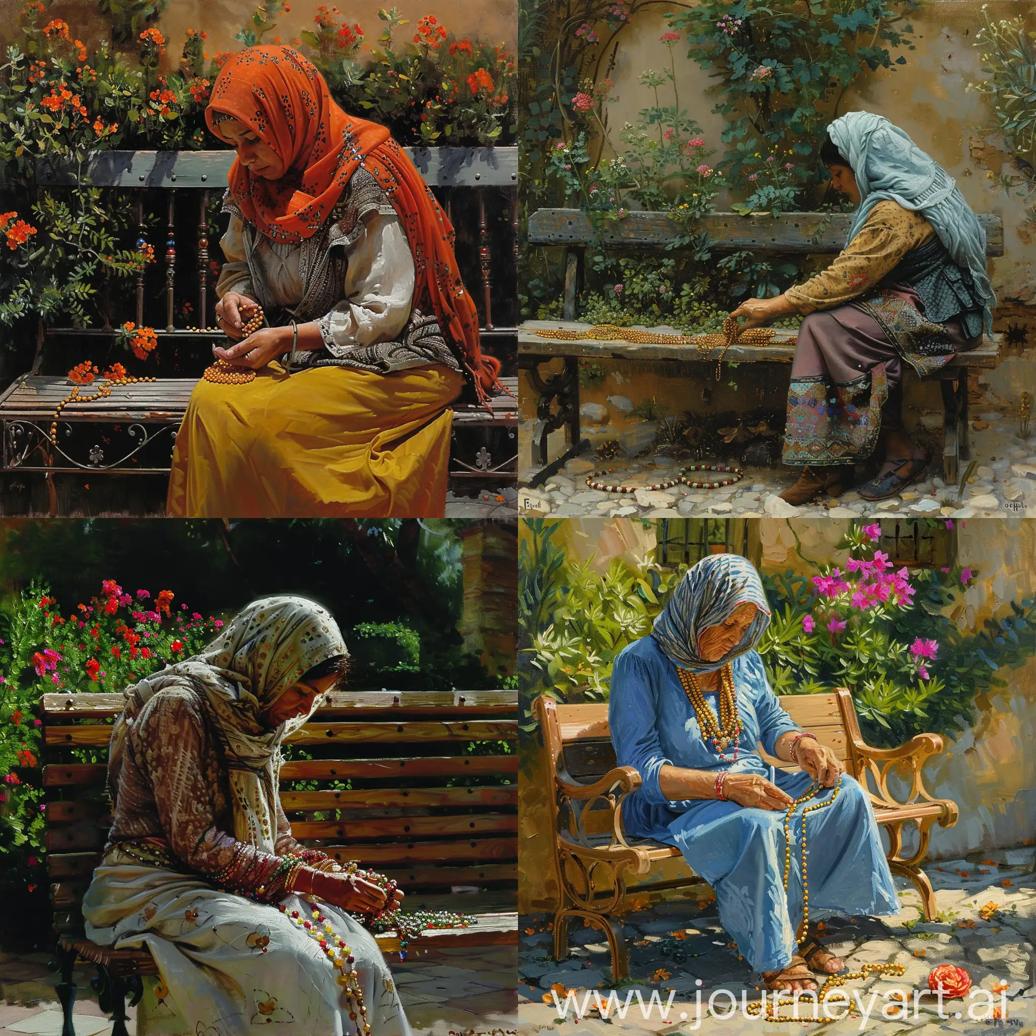 a moroccan woman counting beads in a garden bench, painting