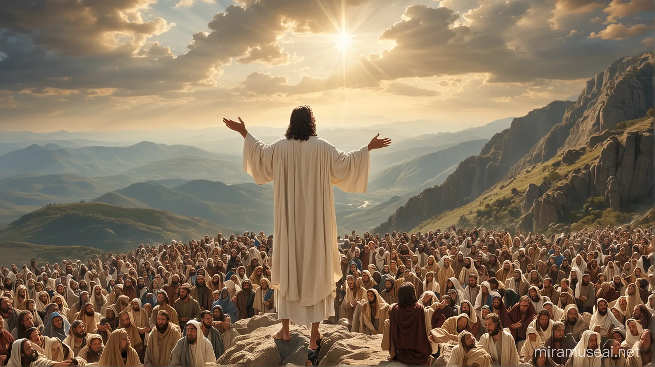 Jesus, preaching to many people on the mountain.