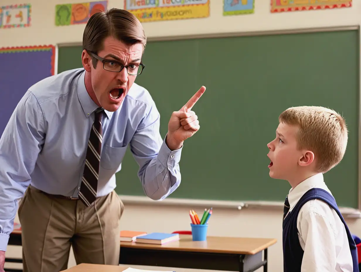A male school teacher scolding a young white student in a classroom setting