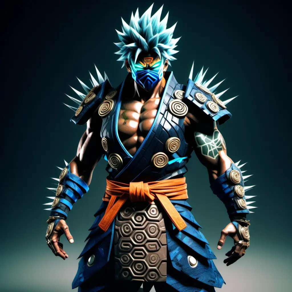 high definition simulation of a video game world boss character creation screen with cyberpunk Samurai thin muscular ninja With spikey hair made of rock armor and a rock armor hanya mask made of rock rock hair like goku glowing earth/rock/moss fists wearing a beautiful earth inspired kimono with green blue black and jeanblue brown sacred geometry and armored shoulder guards