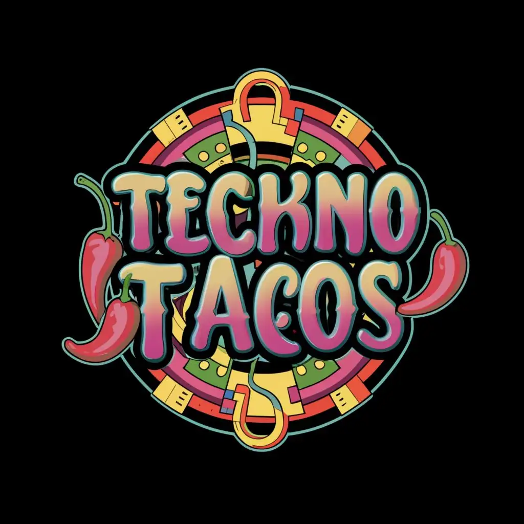 logo, techno music 
chili pepper
psychedelic, with the text "techno tacos", typography