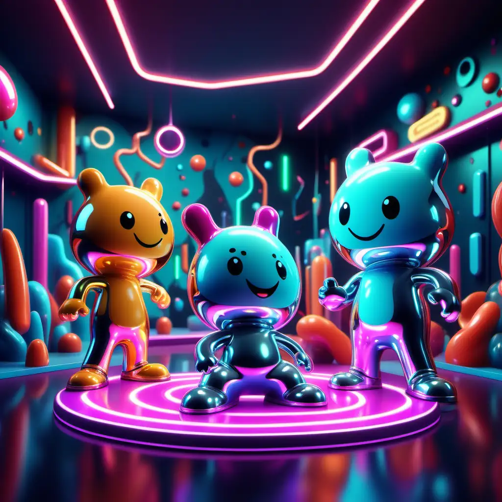 Playful Groovy Cartoon Characters in NeonLit Chrome Environment