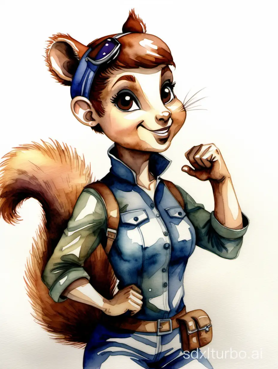 squirrel girl in the pose of "we can do it", highly detailed watercolor painting