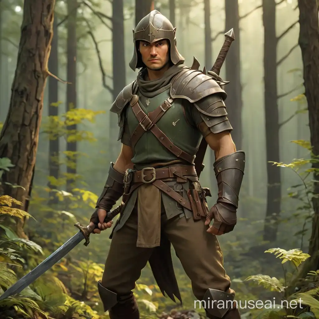 dungeons and dragons, fantasy, male, human, 1.50 meters tall, with a short sword in one hand, a bronze helmet on his head, wearing brown torn trousers, with forest in the background