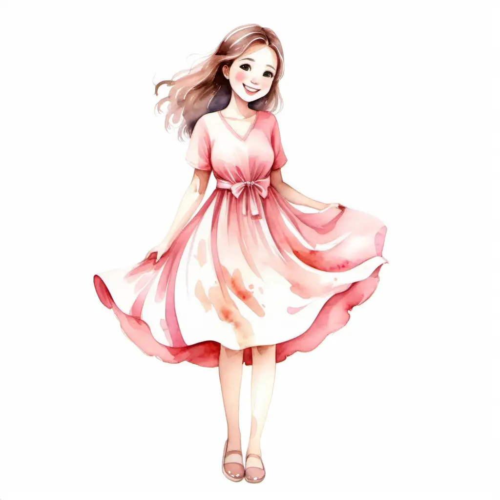Joyful Girl in Pink Dress Whimsical Watercolor Illustration
