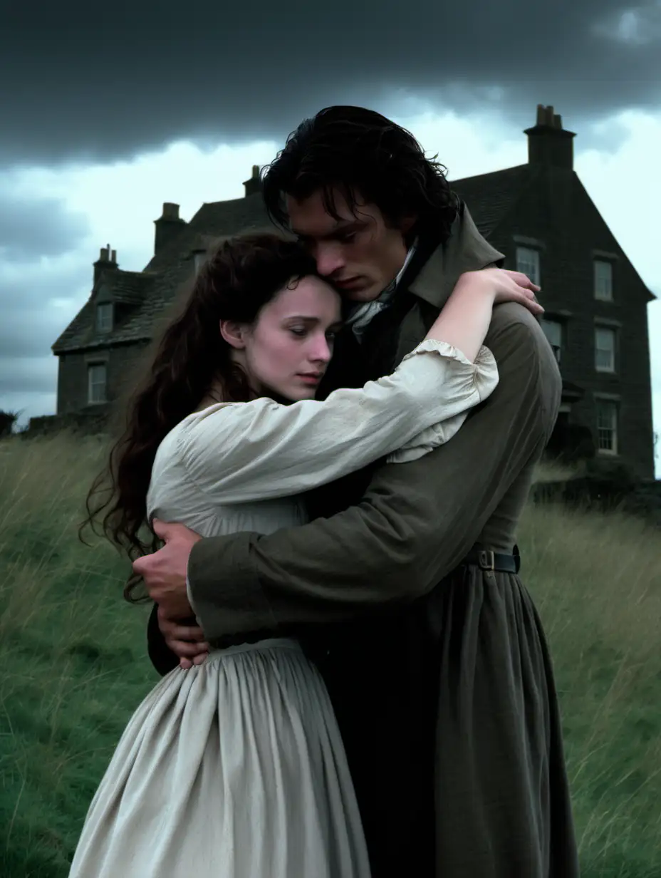Wuthering Heights Heathcliff and Catherine hugging, with House in Background and a cloudy, dreary sky