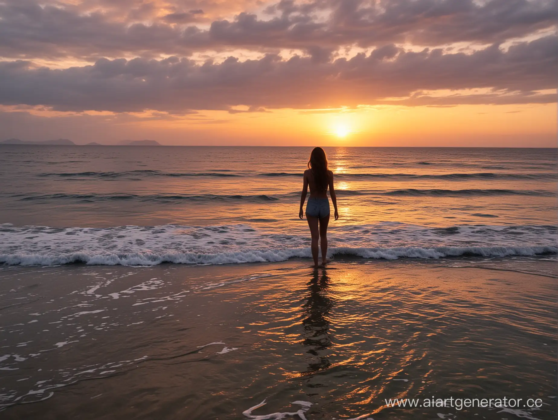 Море, закат, стоит вдалеке девушка с темно русыми волосами спиной