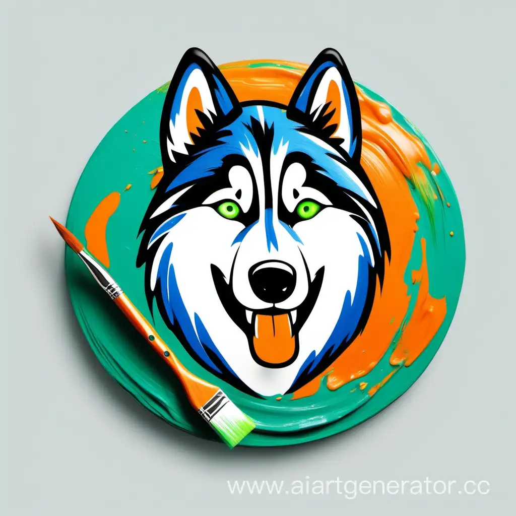 Abstract-Circle-Icon-with-Green-and-Orange-Paint-Strokes-Featuring-a-BlueEyed-Husky