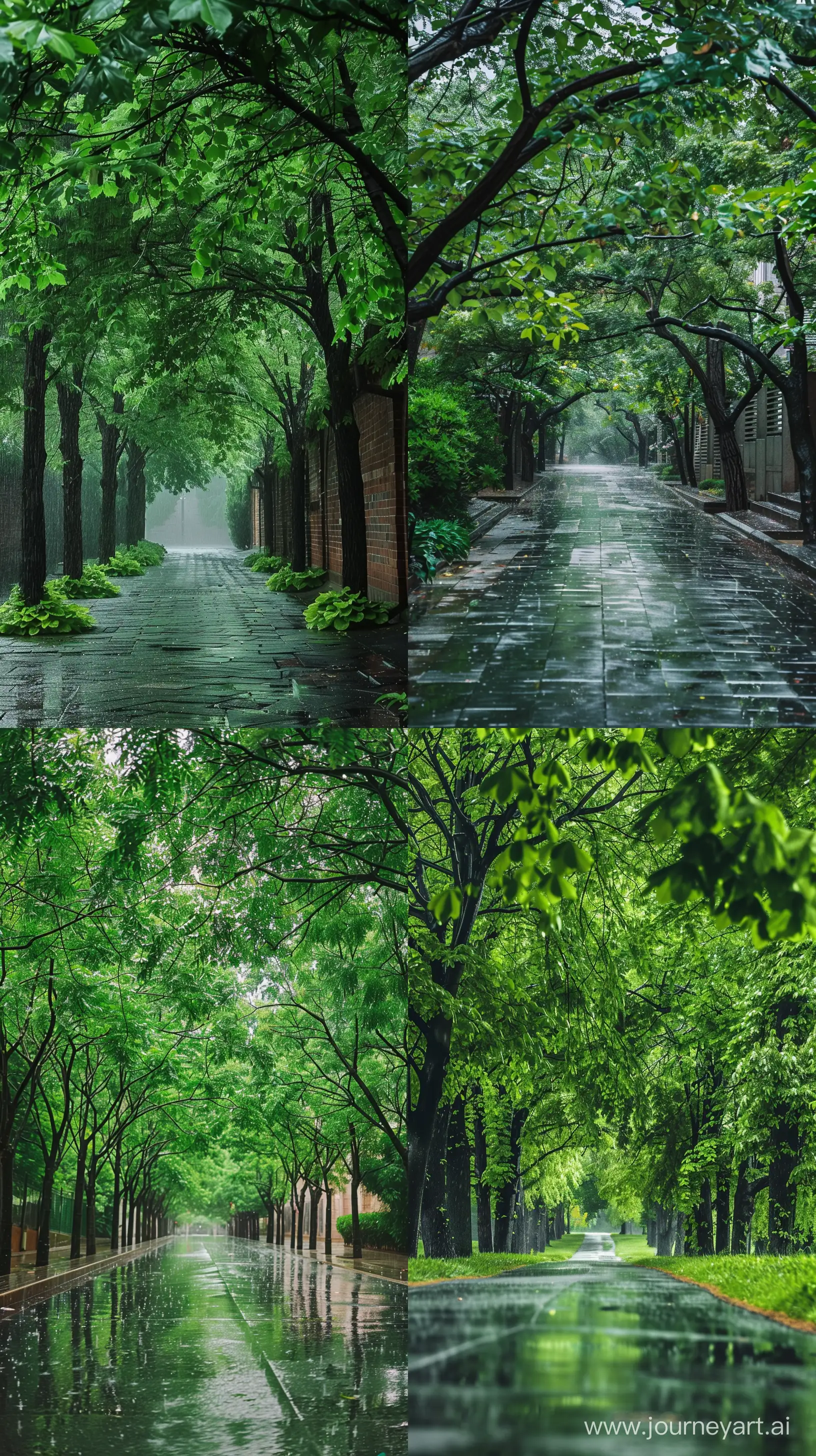 Professional Photography From Usa Alley, Trees Are Green, Rainy Day, Dreamy Theme, High Quality --v 6.0 --ar 9:16