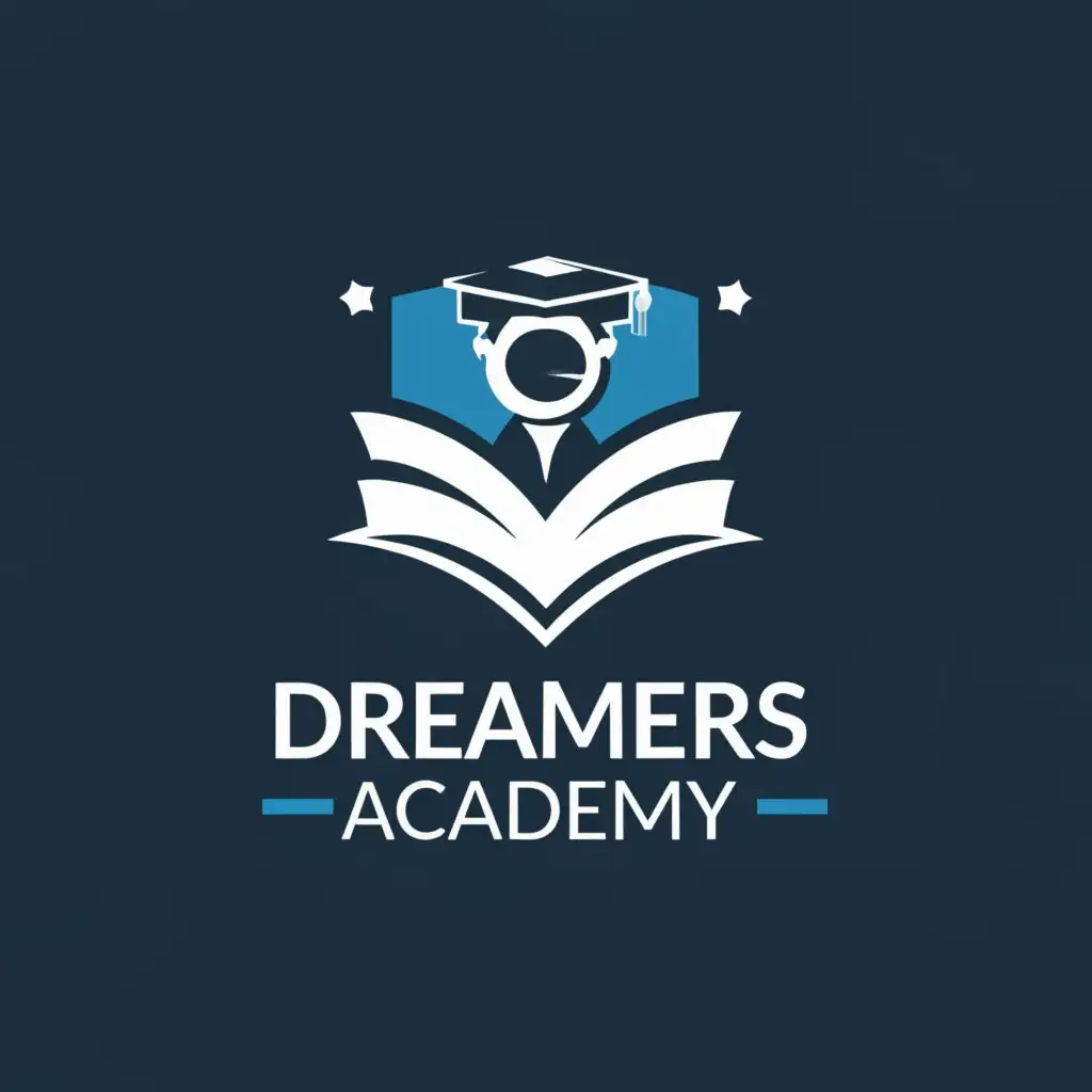 a logo design,with the text "Dreamers Academy ", main symbol:Book and student,Moderate,be used in Education industry,clear background