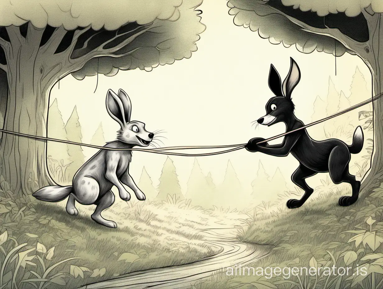 An enchanting illustration for a children's book, featuring a playful scene. A friendly rabbit and a curious wolf stand side by side, their paws wrapped around a long string emerging from the ground. The string, resembling the fluffy tail of a cow, dangles and sways between them.