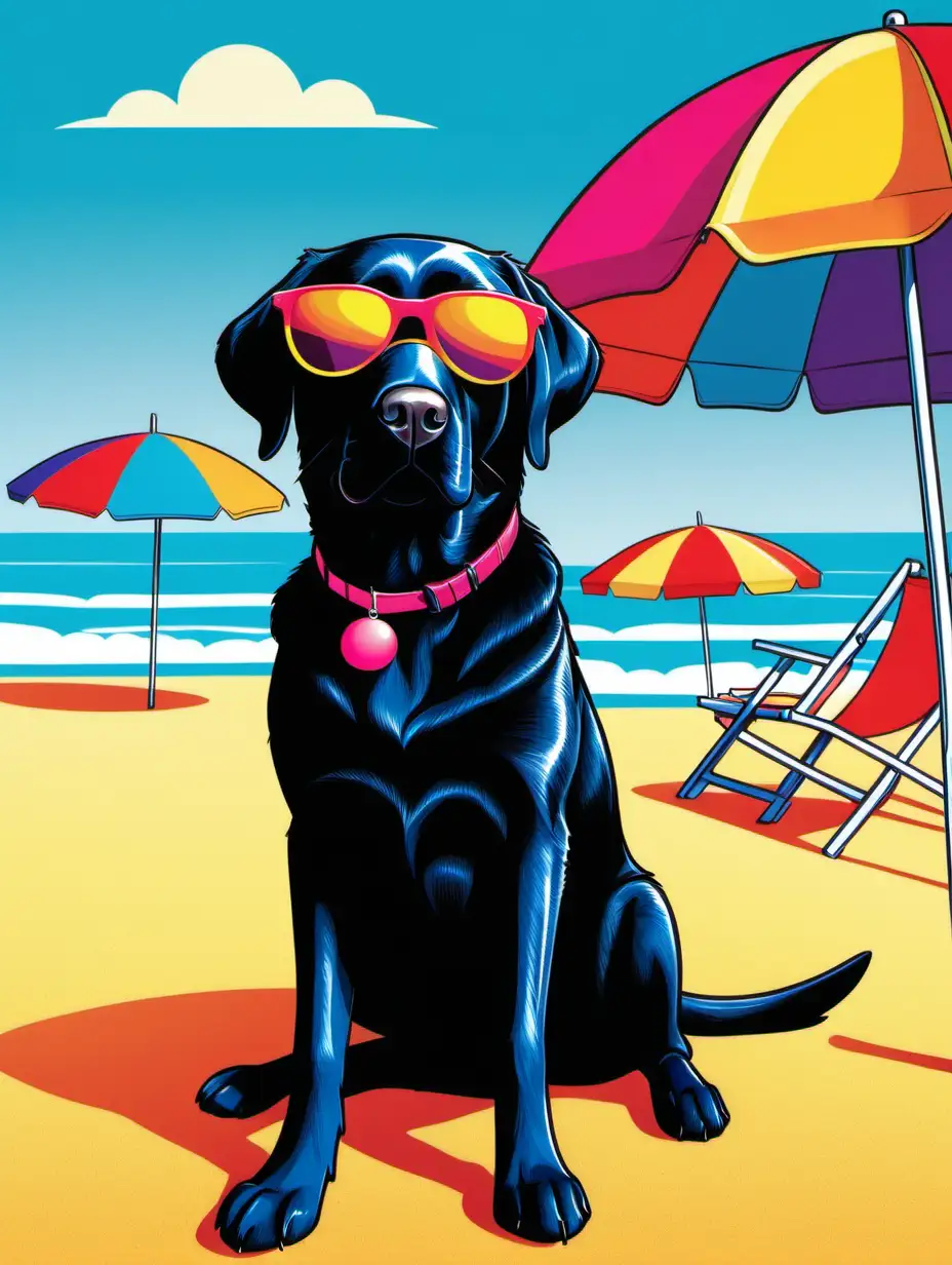 a cartoon character black labrador retriever with sunglasses on at the beach with a few beach umbrellas, vibrant color, in the style 1980's pop art