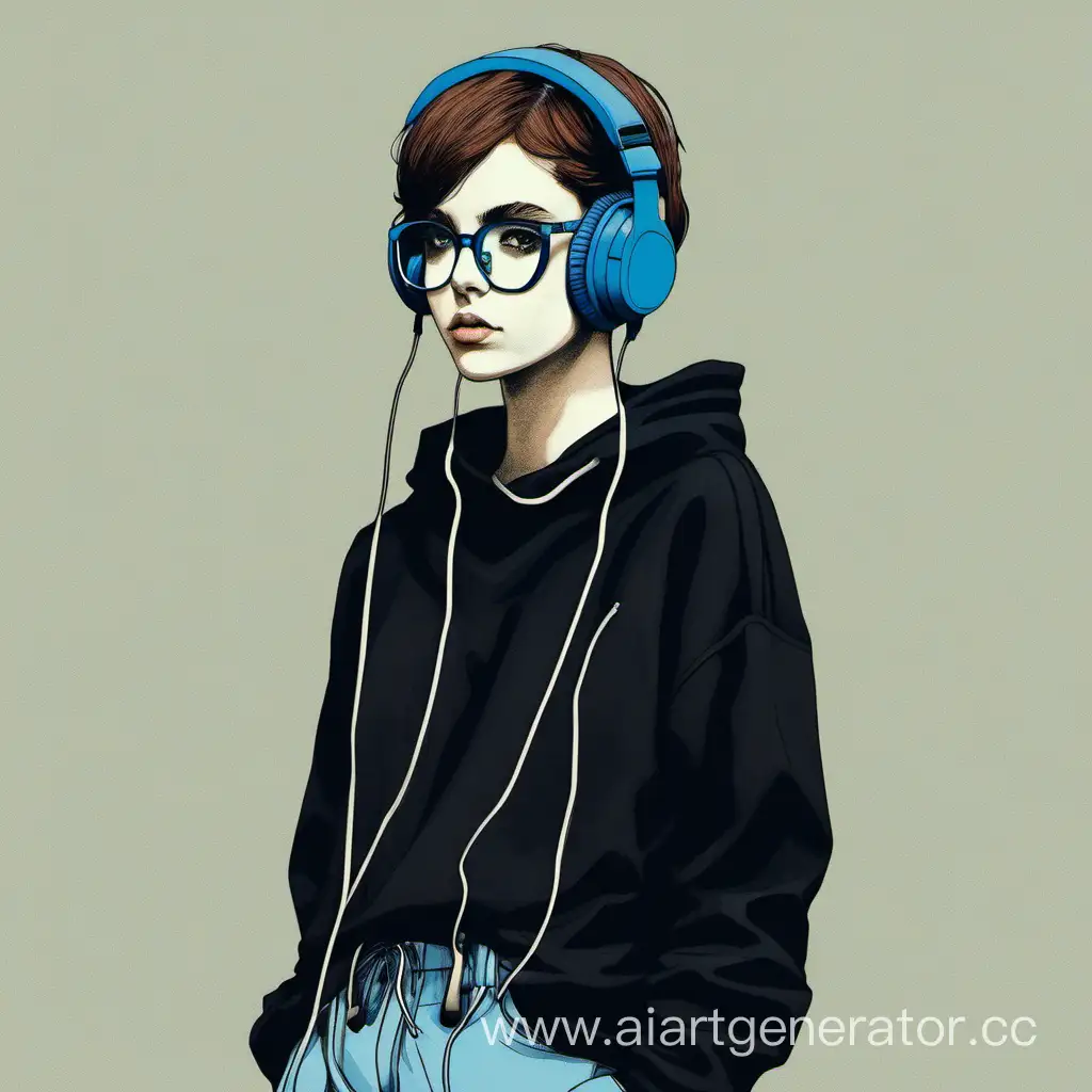 A girl with short  brown hair blue glasses black headphones black sweatshirt postpunk