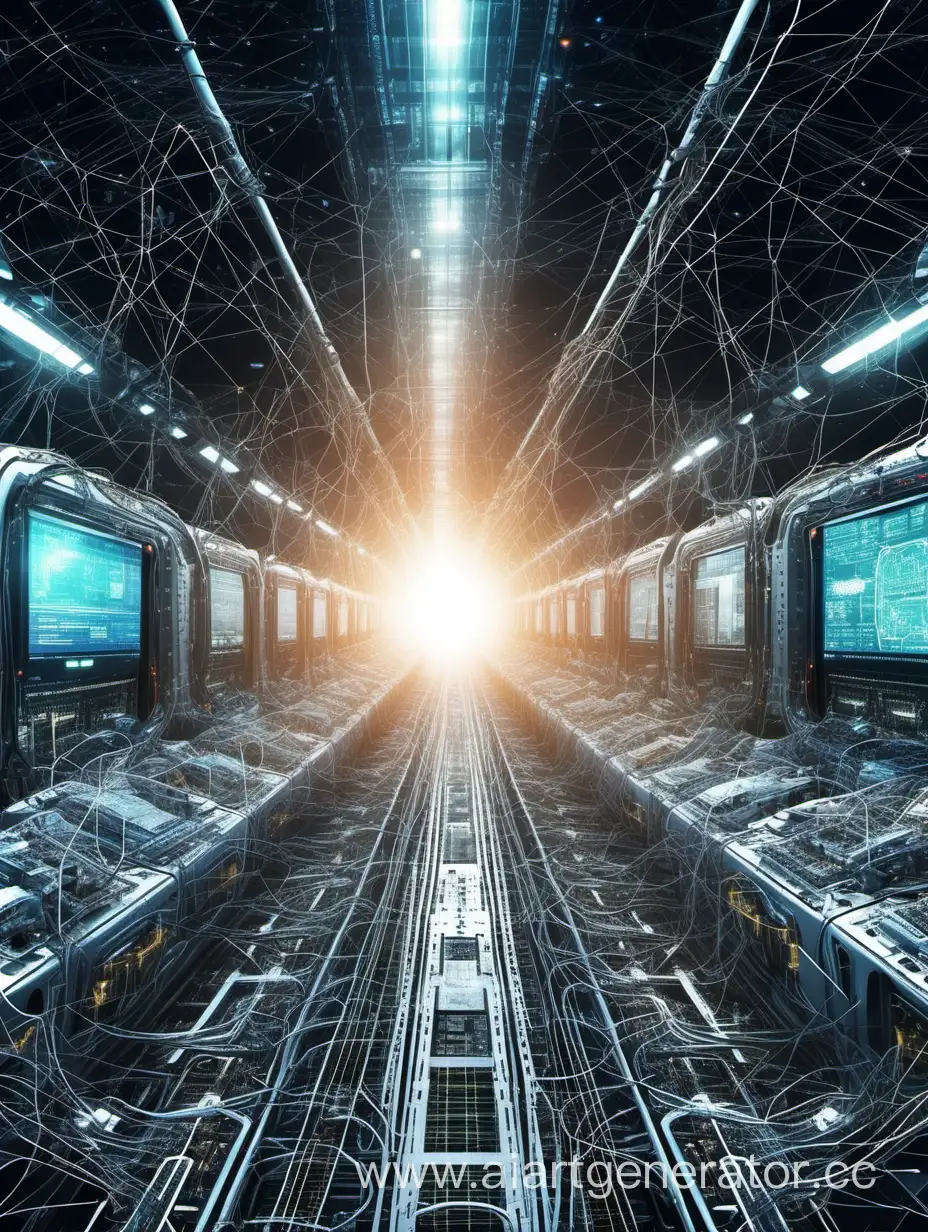 В космическом пространстве компьютер в центре, искусственный интеллект, нейросети схемы, будущее, железная дорога, поезд, микросхемы, провода, робот