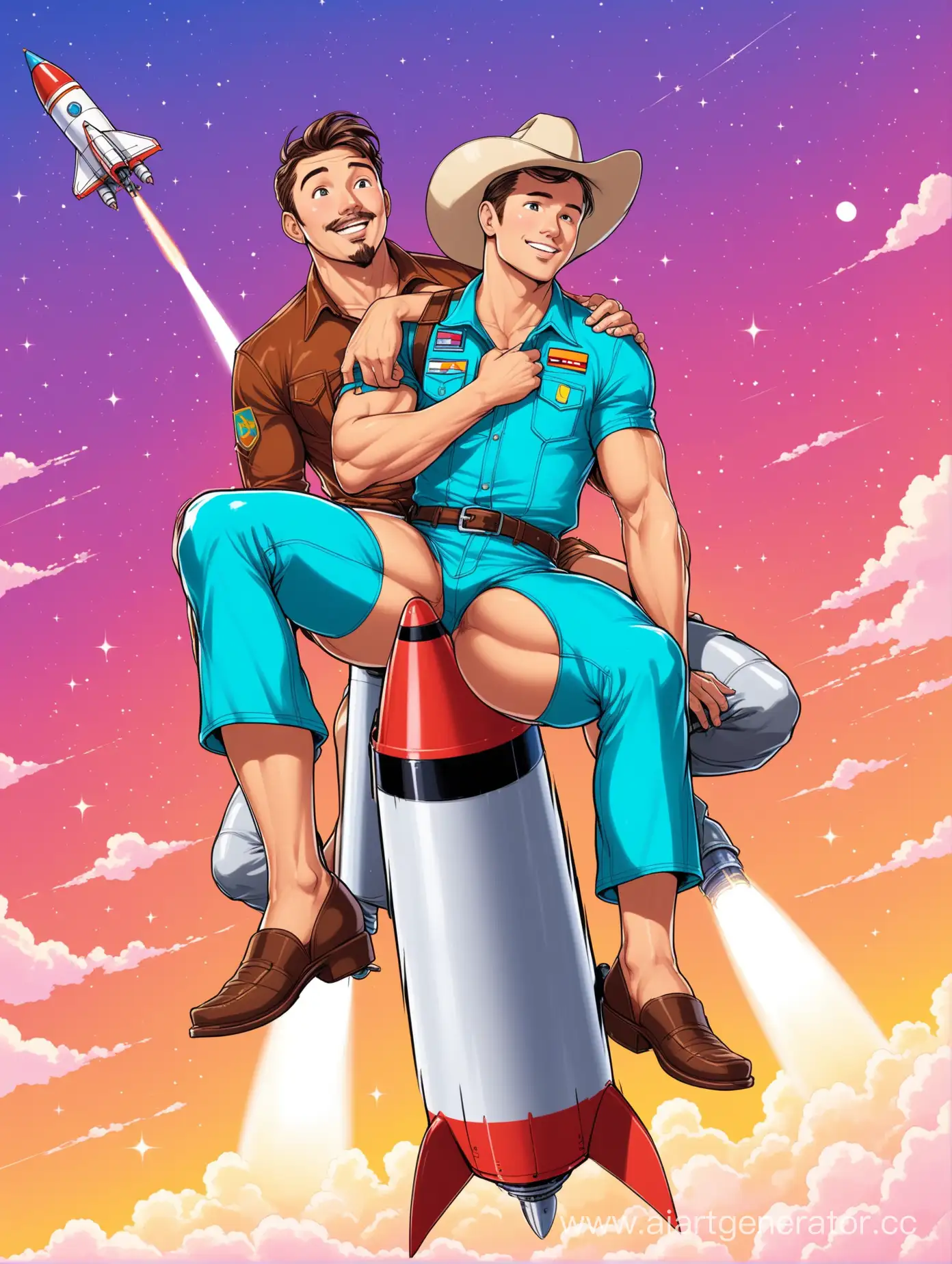 ковбой в стрингах кокетливо сиди на ракете и летит в сторону казахстана на свидание со своим сантехником геем