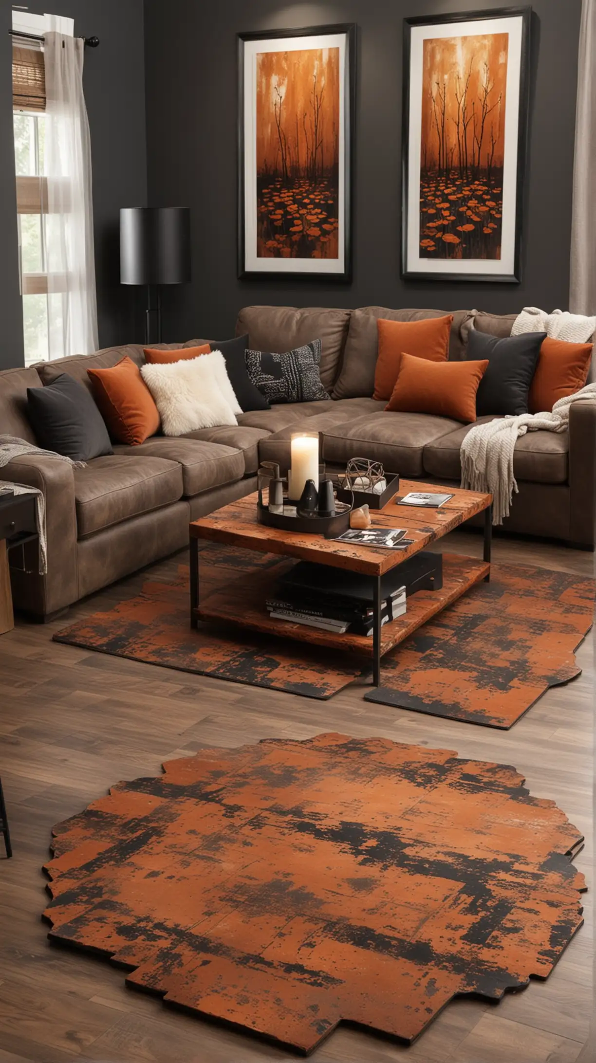 Black and Rust Theme Living Room with Coasters and Sofa