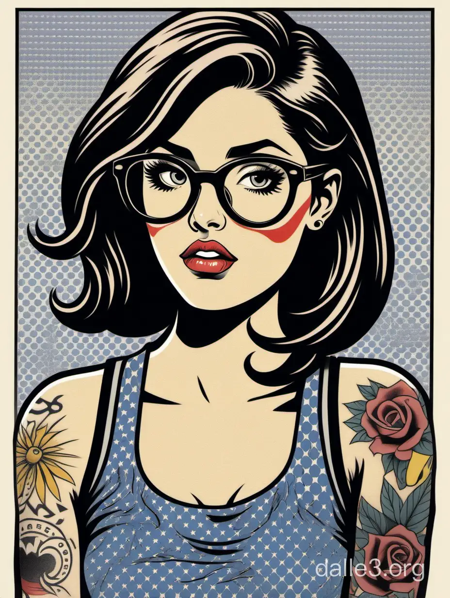 Roy Lichtenstein graphic art of a hipster girl dark hair and glasses with tattoos