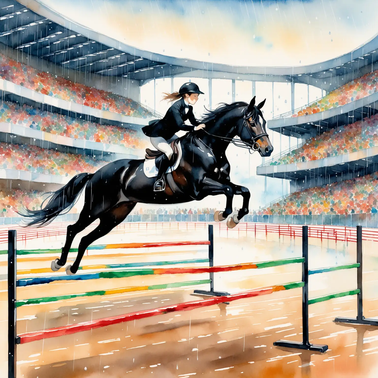 a beautiful black horse, in a beautiful arena, jumping over colorful hurdles, big audience, large windows, it’s raining outside, watercolors , modern painting, Edgar Degas style